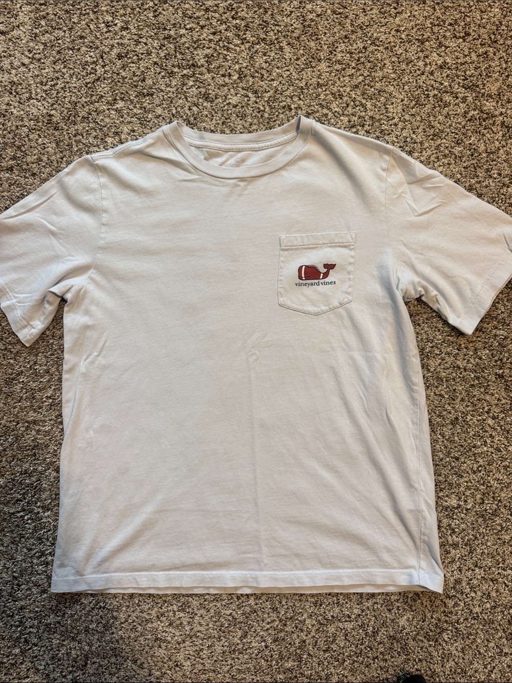 Vineyard Vines (Sz Large) Lite Blue Pocket Tee with Football Whale Logo